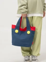 Mario color matching denim shoulder bag women's large capacity tote bag casual commuter bag - Image 4