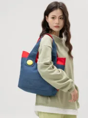 Mario color matching denim shoulder bag women's large capacity tote bag casual commuter bag - Image 3